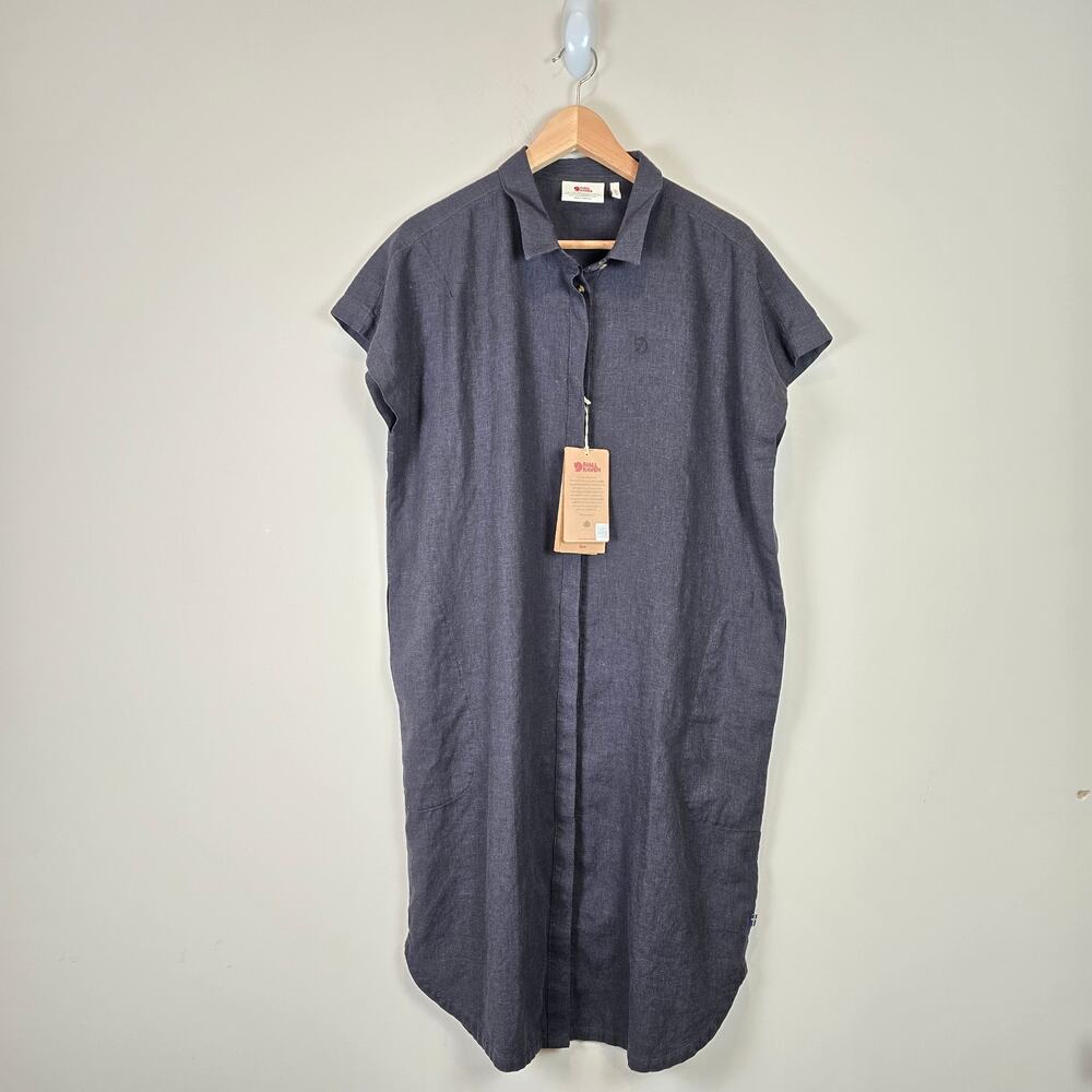 Fjallraven Ovik Hemp Dress Size M Dark Grey Button Down Shirt Dress Pockets